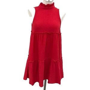 Pomander Place Tiered Mini Dress Womens XS Red High Neck Sleeveless Muslin Boho